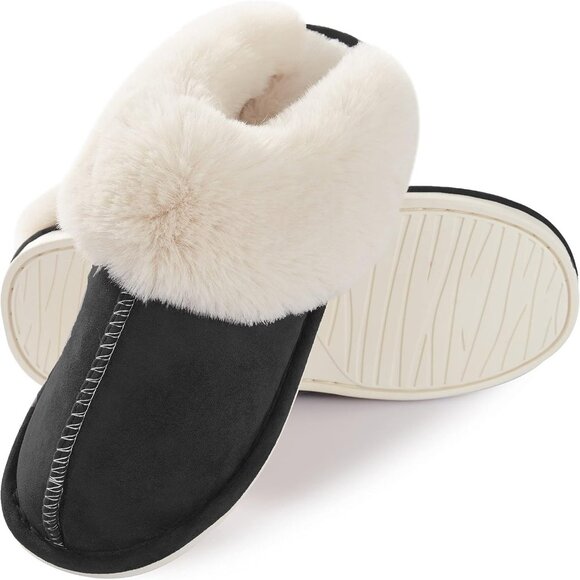 Women's Black Fluffy Cozy Winter Warm Plush Memory Foam Slip On Slippers Shoes - Picture 3 of 6
